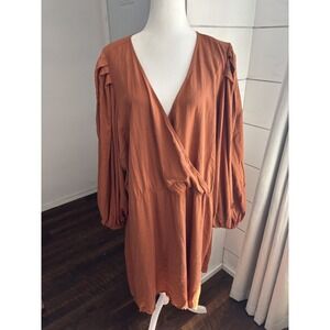 Eloquii Dress Womens 28 Brown Rust Puff Sleeve Wrap Midi Boho Linen Blend V Neck